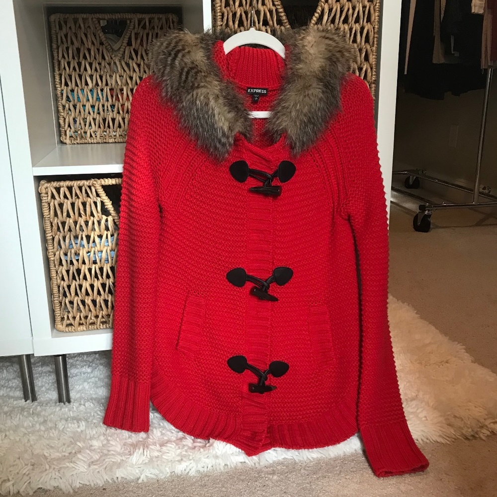 Express Toggle Cardigan with Faux Fur Hood